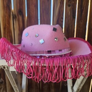 Barbie Pink Cowgirl Rhinestone Disco Fringe Diamond Western Party Hat